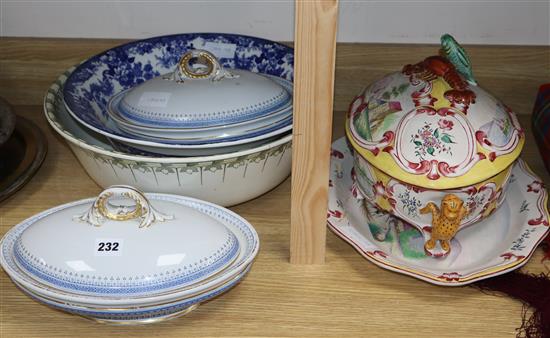 A French faience tureen, cover and stand, two pottery basins and a pair of Royal Worcester tureens and covers